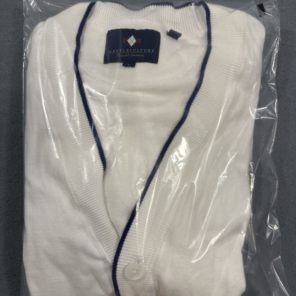 SWEATER CARDIGAN MENS LARGE ARGYLECULTURE Argyle WHITE BUTTON NAVY TRIM - Picture 8 of 9